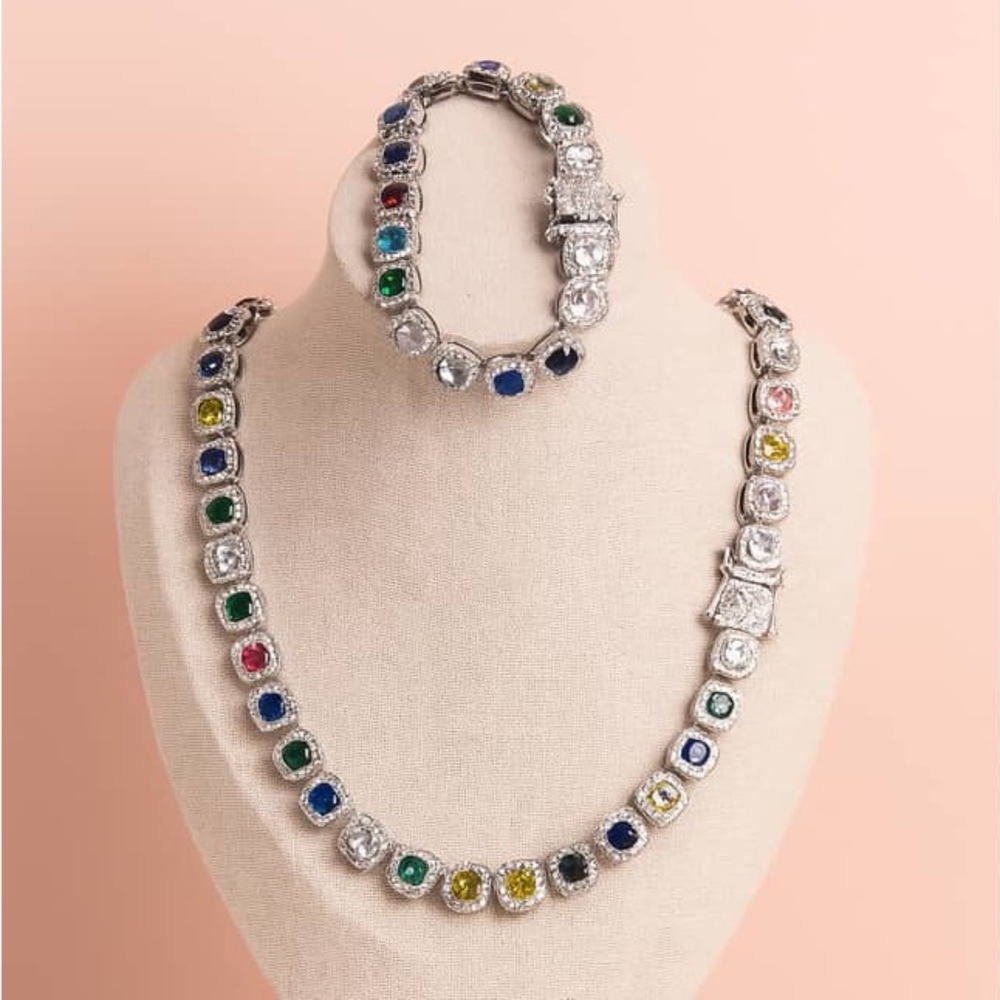 Elegant Multicolor Gemstone Necklace and Bracelet Set